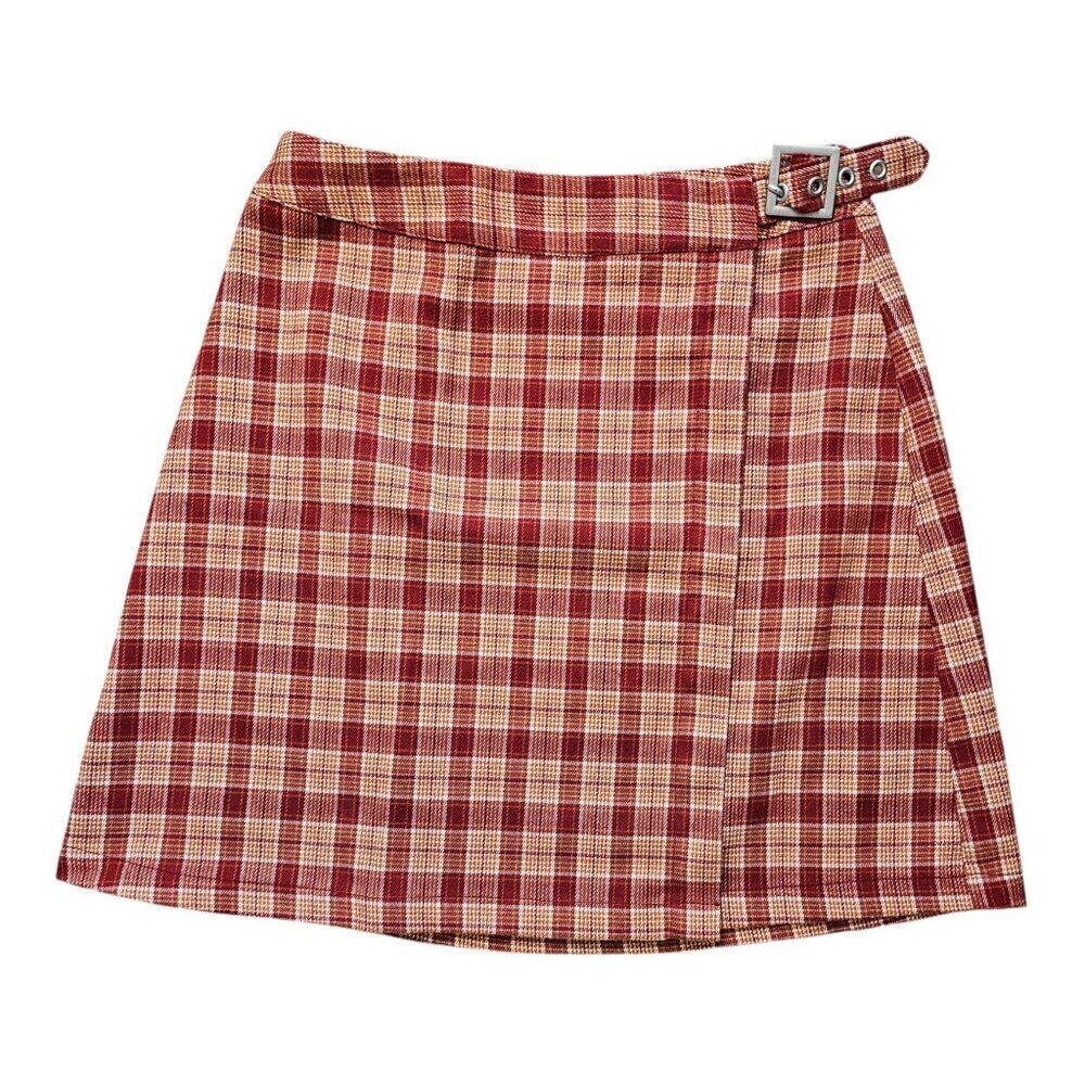 John Galt Red Orange Plaid Belt Waist Detail Mini Skirt Sz XS